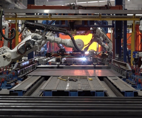 Images shows the robotic welding machine inside the world's largest car carrier manufacturing facility.  Miller Industries facility is located in Hermitage, PA