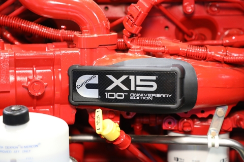Cummins X15 badge located on the side of the engine block.