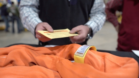 Images showing the inspection of an endless loop strap with Ashley Sling.