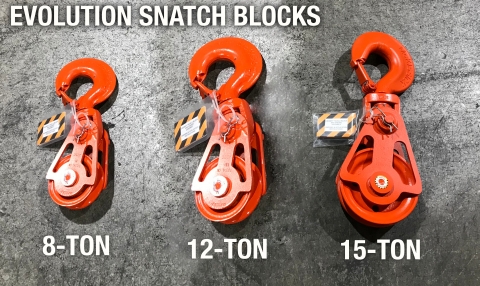 Images shows all three of the different sizes of evolution snatch blocks from Miller Industries
