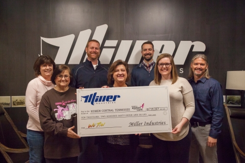 In this images Miller Industries present a check for over ten thousand dollars to the Susan G. Komen foundation to help with Breast Cancer awareness and prevention.