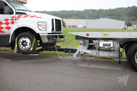 Heavy-duty underlift towing of a U-Haul box truck with the L-arms and wheelgrids.
