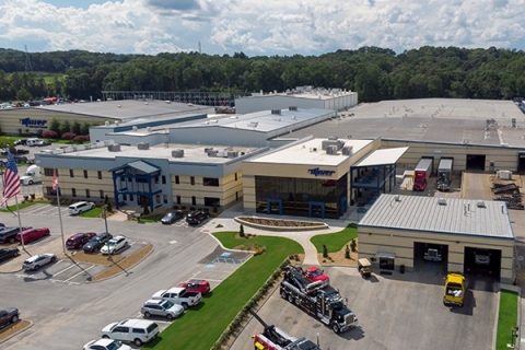 Aerial photo showing Miller Industries Ooltewah headquarters and heavy-duty wrecker manufacturing facility